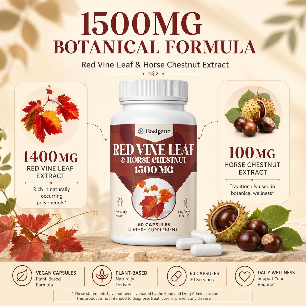 Basigano Red Vine Leaf & Horse Chestnut Extract Capsules 1500mg - Circulation, Vein, and Leg Support - görsel 3