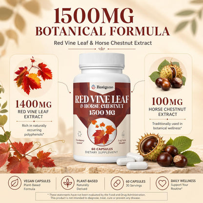 Basigano Red Vine Leaf & Horse Chestnut Extract Capsules 1500mg - Circulation, Vein, and Leg Support
