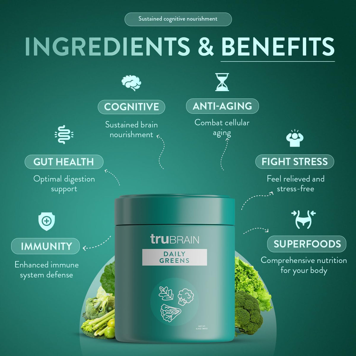 TruBrain Daily Greens: Sustained Brain Nourishment Powder - 75 Plant-Based Superfoods & Probiotics - görsel 3