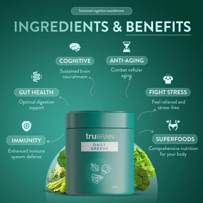 TruBrain Daily Greens: Sustained Brain Nourishment Powder - 75 Plant-Based Superfoods & Probiotics