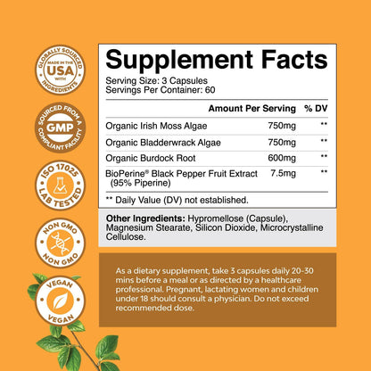 Natures Craft Irish Sea Moss Capsules - 2100mg Superfood Complex with Bladderwrack, Burdock Root and BioPerine for Immune, Thyroid and Digestive Support - Vegan, Non-GMO - 180 Count