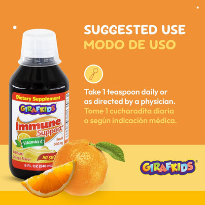 GirafKids Liquid Vitamin C for Children Aged 4+ | 8 fl oz, 500mg | Sugar-Free Formula with Safe, Premium Ingredients | Delicious Orange Flavour | Immune Support & Energy Boost
