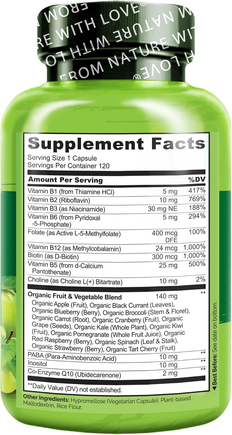 NATURELO Vitamin B Complex – Vegan, Methylated B Vitamins with CoQ10 & Fruit & Veg Blend, 120 Capsules - görsel 8