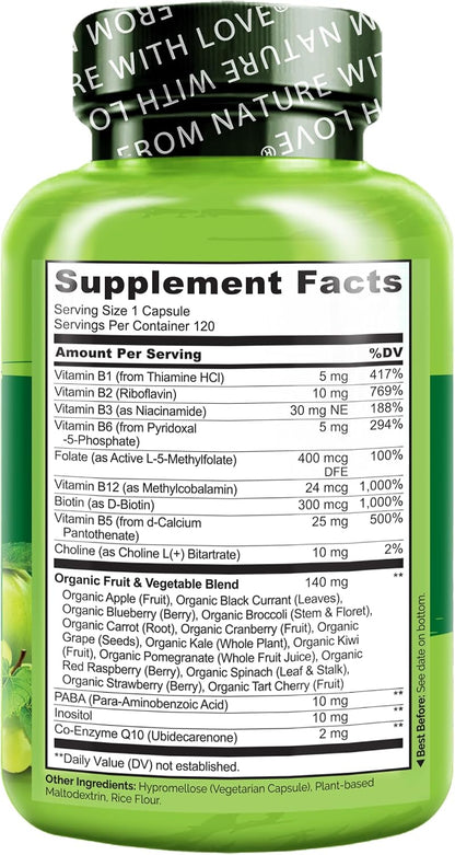 NATURELO Vitamin B Complex – Vegan, Methylated B Vitamins with CoQ10 & Fruit & Veg Blend, 120 Capsules
