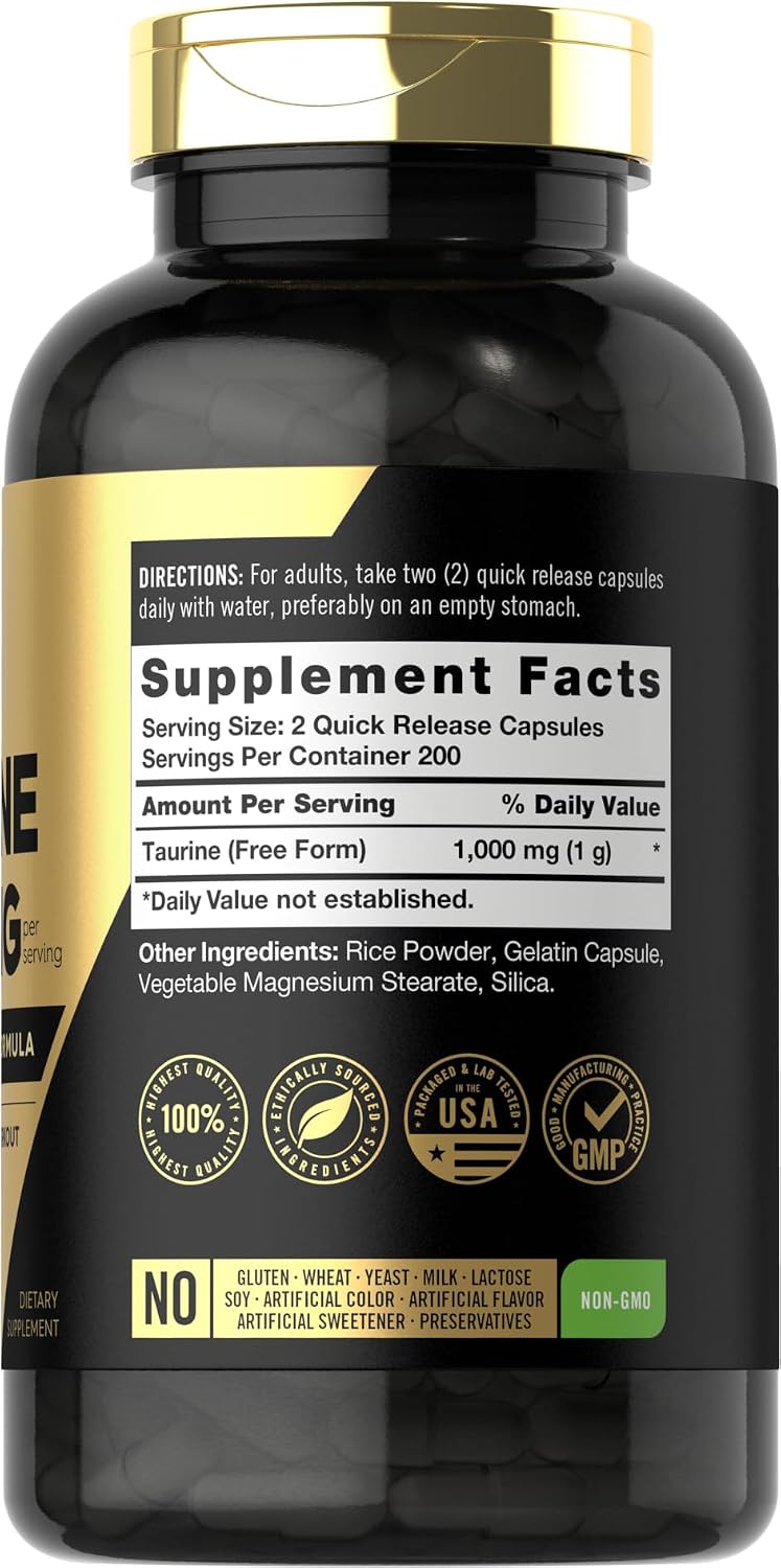 Carlyle Taurine 1000mg | 400 Capsules | Double Strength | Non-GMO & Gluten-free - görsel 2