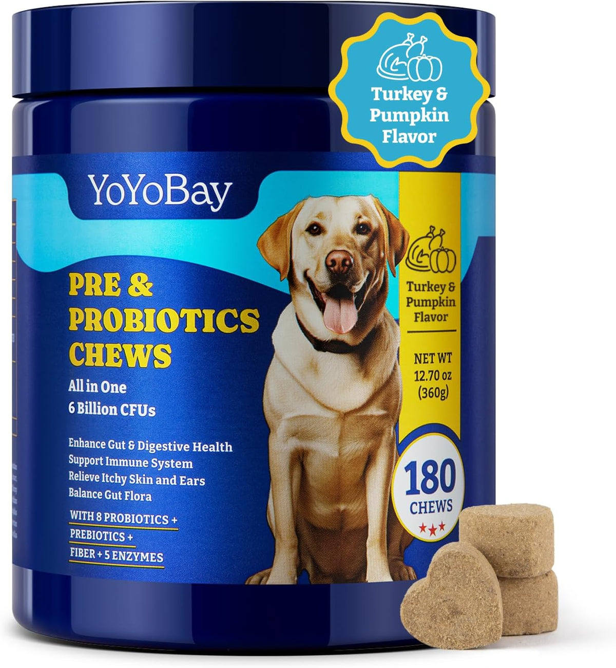 YoYoBay Probiotics for Dogs - 6 Billion CFUs with Prebiotics & Digestive Enzymes - Turkey & Pumpkin, 180 Soft Chews - görsel 1