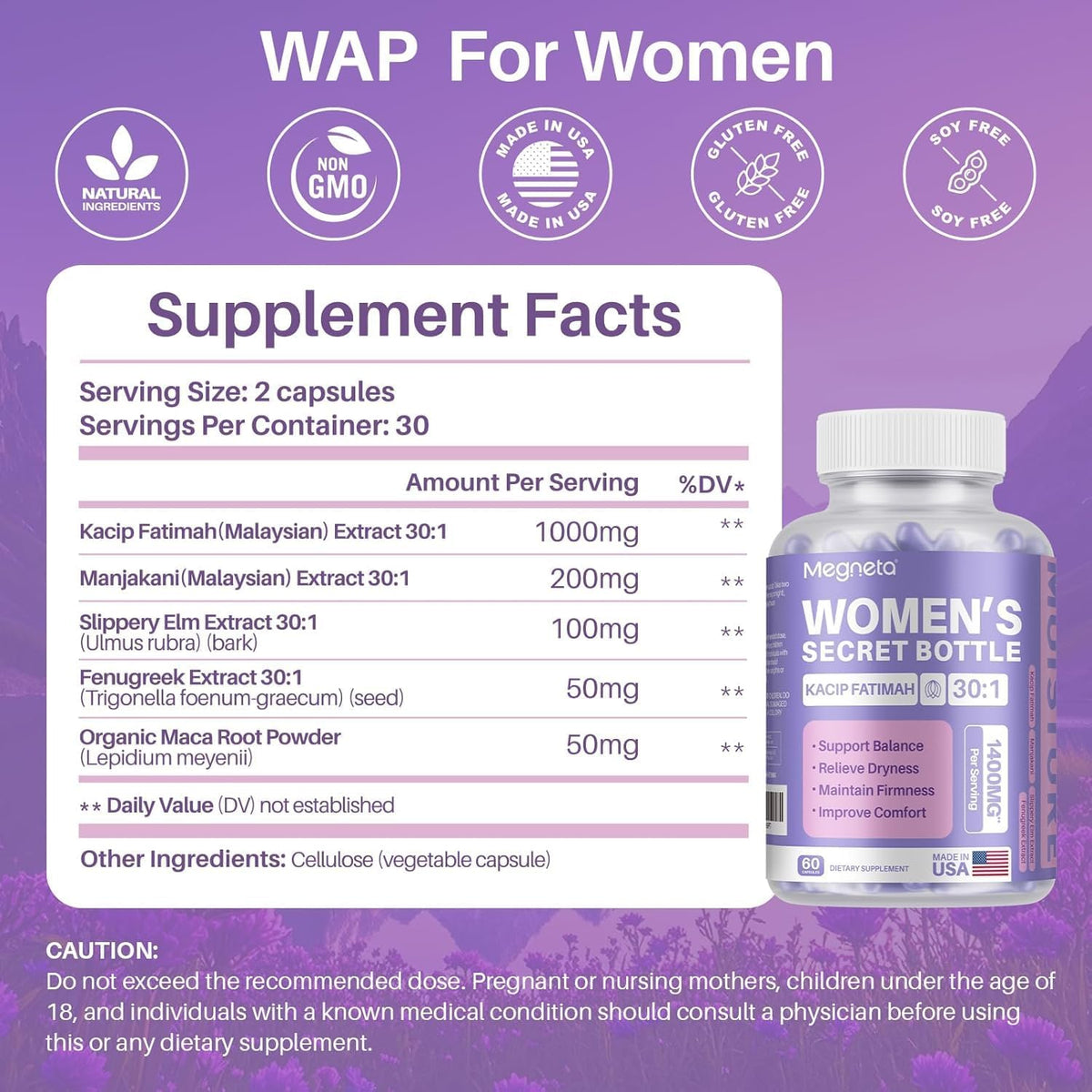 MEGNETA Advanced Feminine Care – Kacip Fatimah, Fenugreek, Slippery Elm, Manjakani – 180 Capsules - görsel 2