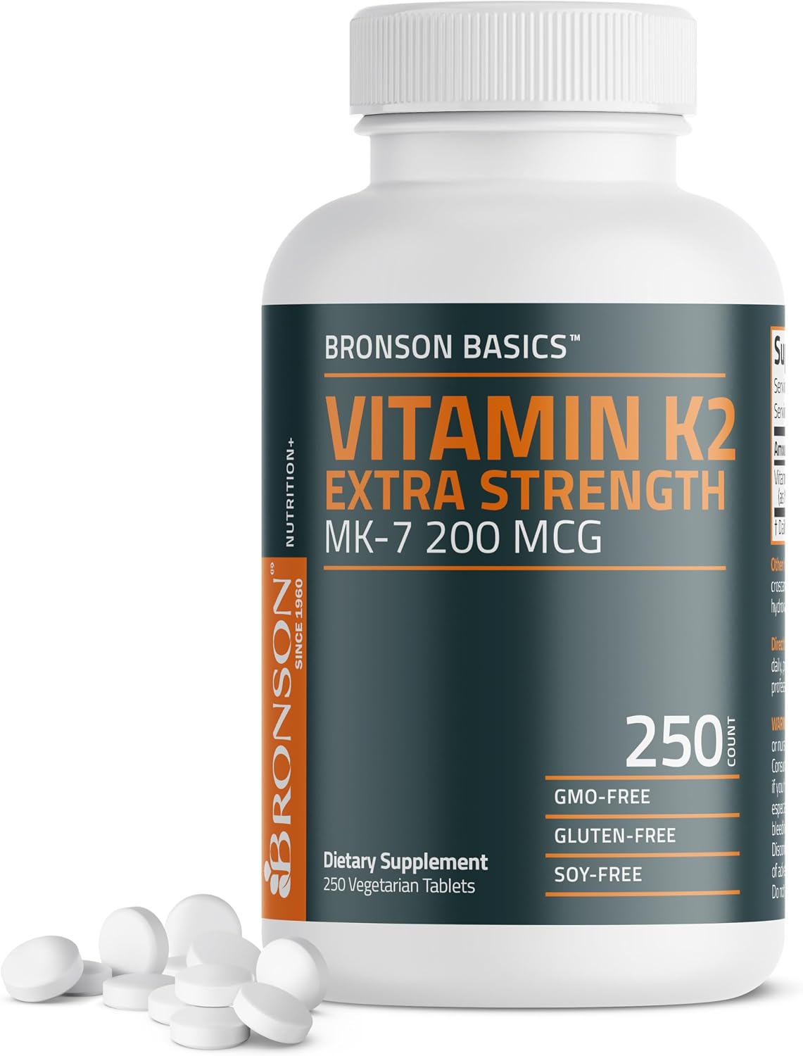 Bronson Vitamin K2 MK-7 200mcg Extra Strength, 250 Vegetarian Tablets - görsel 1