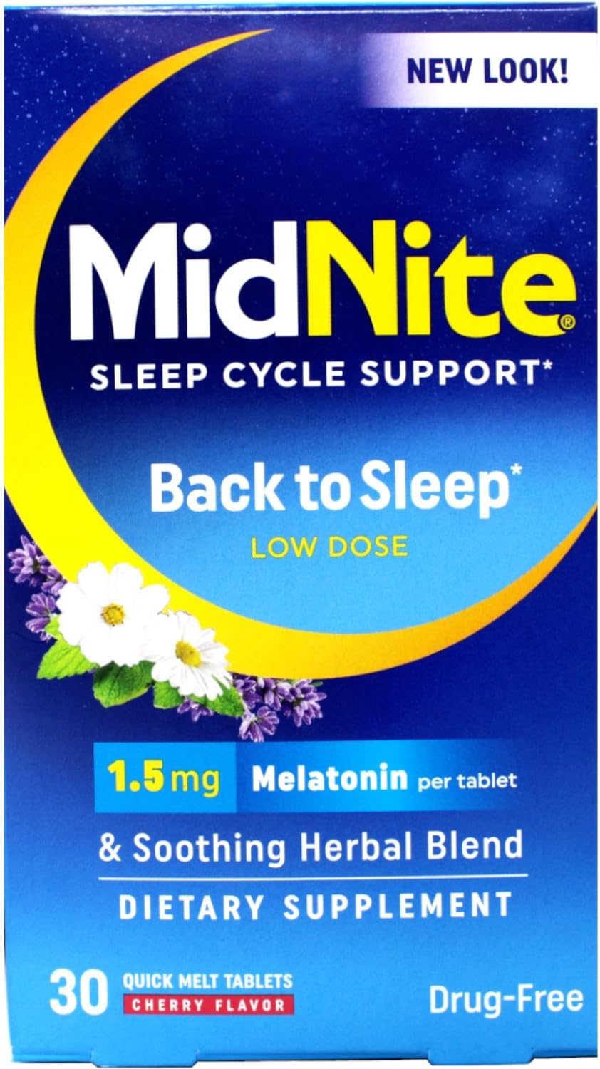 MidNite Sleep Cycle Support Back to Sleep Low Dose Melatonin & Herbal Blend, Cherry Flavour, 30 Quick Melt Tablets (Pack of 4) - görsel 2
