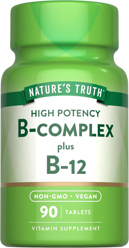 Nature's Truth Vitamin B Complex for Women & Men | Plus B12 | 90 Tablets | High Strength | Vegan and Non-GMO Supplement