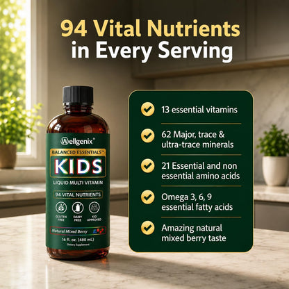 Wellgenix Balanced Essentials Kids Liquid Multivitamin - 94 Nutrients, Berry Flavour, 473ml