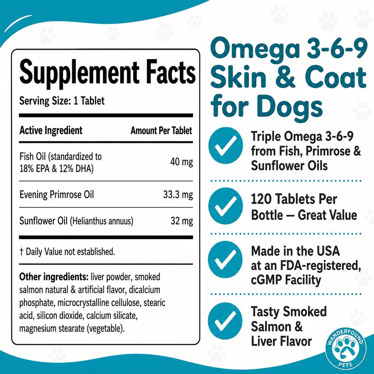 Wanderfound Pets Omega-3 Fish Oil for Dogs, Smoked Salmon and Liver Flavour, 120 Chewable Tablets - görsel 5