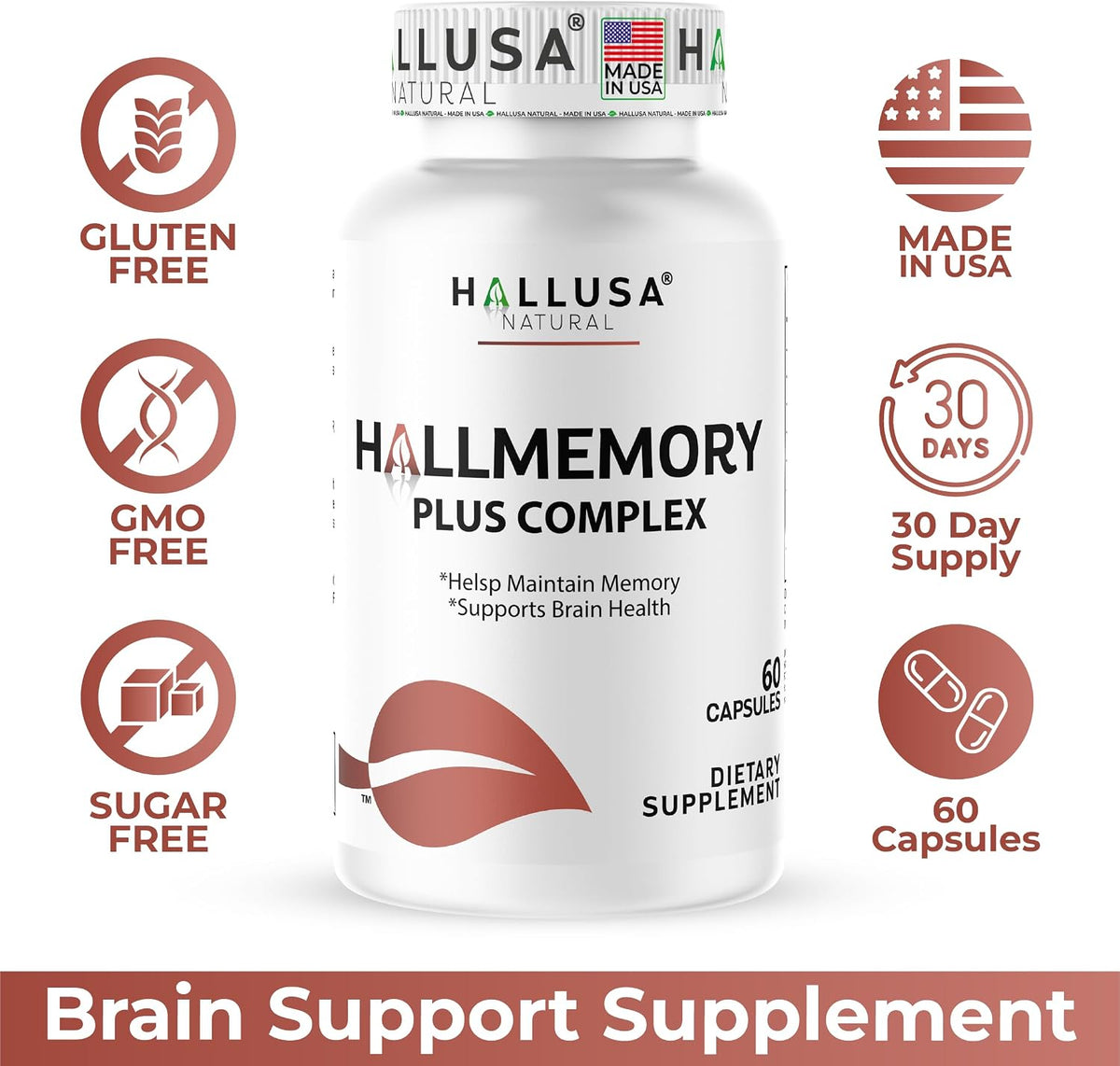 Hallusa Natural Brain Health Supplement - Cognitive Support for Memory and Focus with Ginkgo Biloba, Choline, L-Glutamic Acid and Vitamin B Complex - 60 Capsules - görsel 8