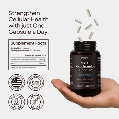 GentRx Third-Party Tested NAD+ & NR Supplement – Nicotinamide Riboside for Cellular Energy and Healthy Ageing, 30-Day Supply