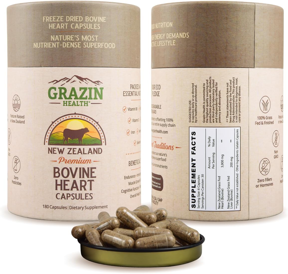 Grass-Fed Freeze-Dried Bovine Heart & Liver Capsules - 3000 mg per Serving - CoQ10, Iron, Zinc & B12 Supplement - görsel 1