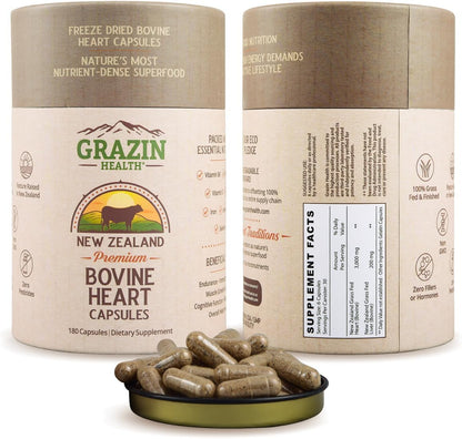 Grass-Fed Freeze-Dried Bovine Heart & Liver Capsules - 3000 mg per Serving - CoQ10, Iron, Zinc & B12 Supplement