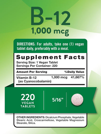Nature's Truth Vitamin B12 Tablets, 1000 mcg, 220 Count - Vegan, Non-GMO & Gluten-free