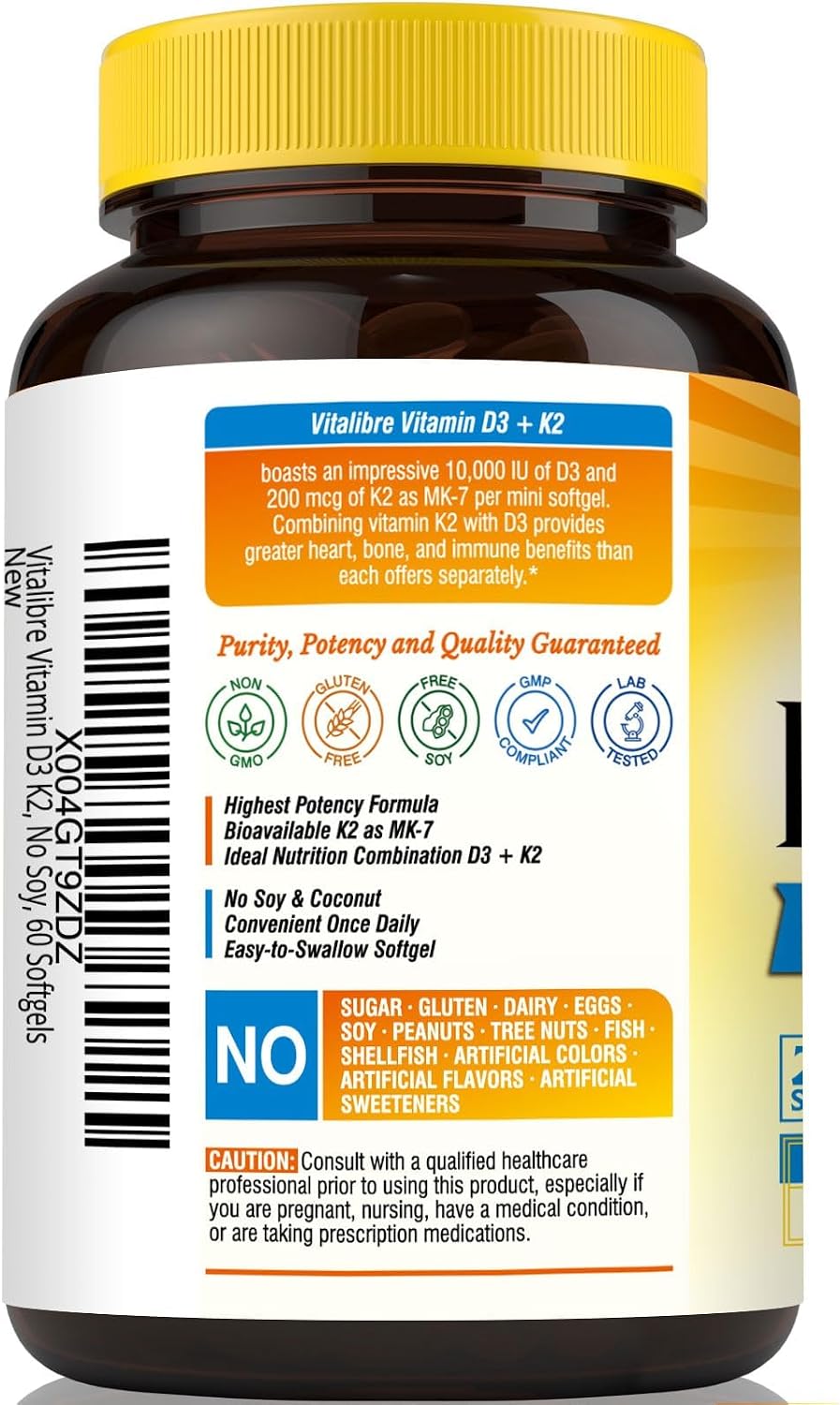 Vitalibre Vitamin D3 & K2 10000 IU + 200 mcg MK-7 - Bone, Heart & Immune Support - 60 Soft gel capsules - görsel 9