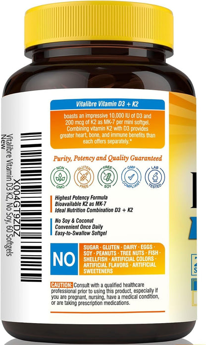 Vitalibre Vitamin D3 & K2 10000 IU + 200 mcg MK-7 - Bone, Heart & Immune Support - 60 Soft gel capsules