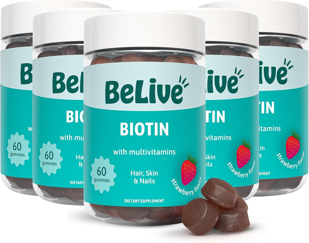 BeLive Biotin Gummies - Hair, Skin & Nails Vitamins with A, C, D, E, B12, Zinc, Folate and Inositol, Multivitamin Gummies - Strawberry (5-Pack) - görsel 1