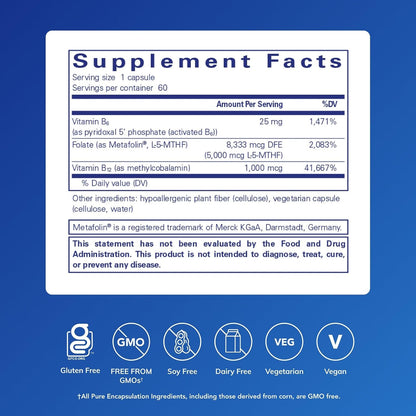 Pure Encapsulations Folate 5,000 Plus - Activated Folate, Vitamin B12 and B6 Combination - 60 Capsules