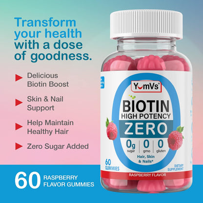YUM-V'S Biotin Gummies - Sugar Free, 5000 mcg, High Strength for Hair, Skin and Nails - 60 Gummies