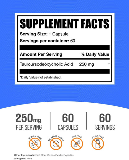 BulkSupplements.com TUDCA Capsules – Tauroursodeoxycholic Acid 250mg, Liver Support Supplement, 60 Capsules