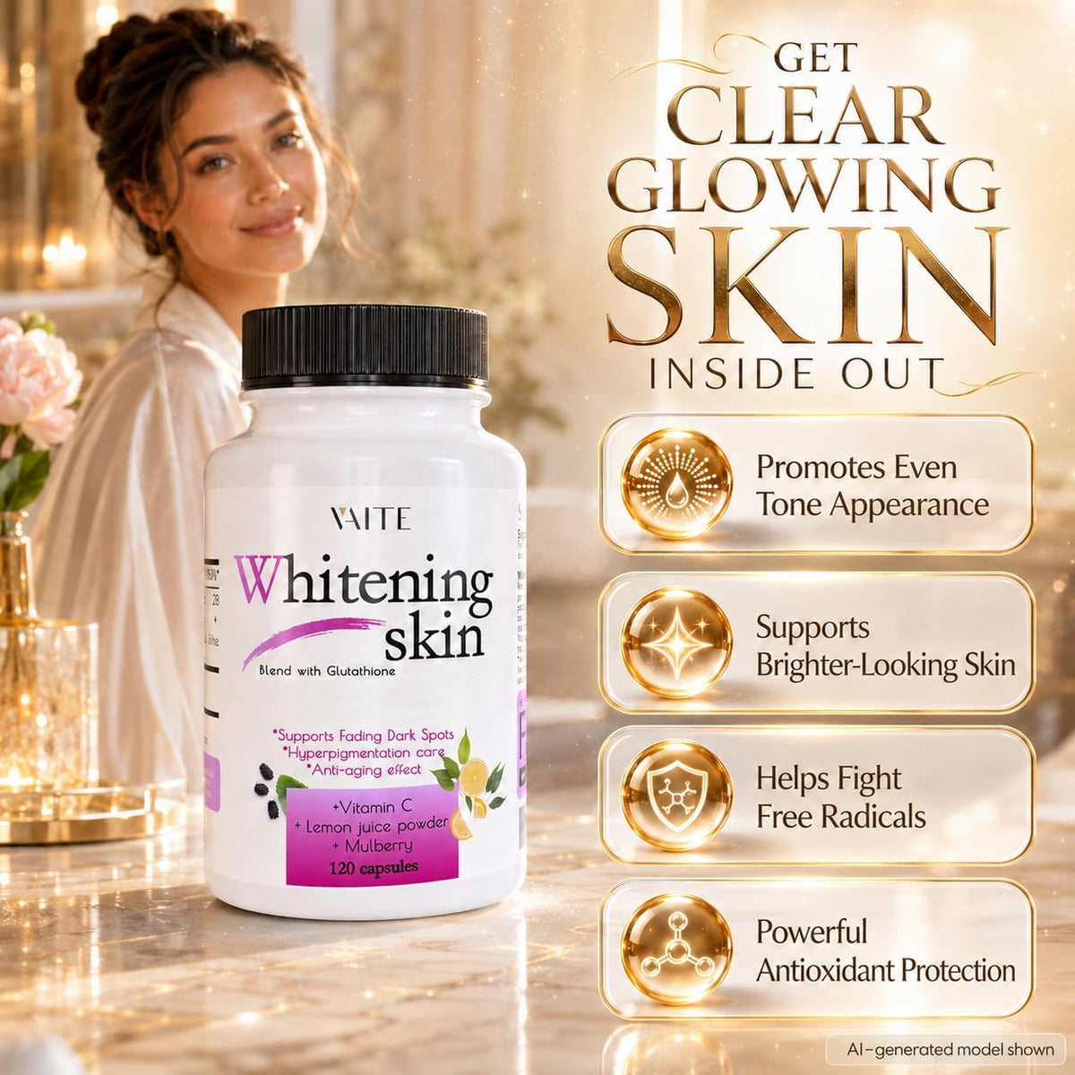 VAITE Glutathione Skin Brightening Capsules - Antioxidant & Radiance Support (120 Capsules) - görsel 2