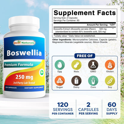 Best Naturals Boswellia Serrata 250 mg, 120 Capsules - Standardised to 65% Boswellic Acid