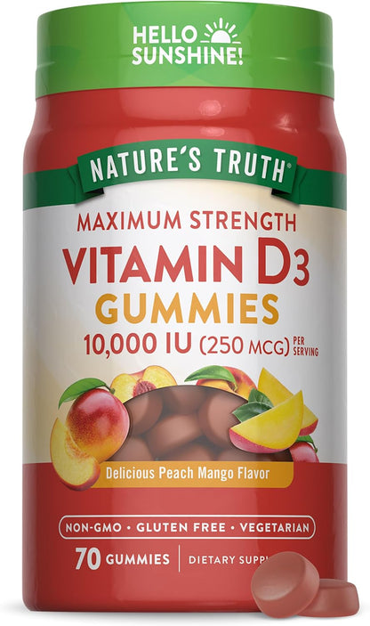 Nature's Truth Vitamin D3 Gummies - 10000 IU, Peach Mango, 70 Gummies - Vegetarian, Non-GM & Gluten-Free