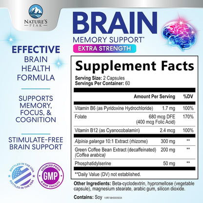 Nature's Peak Brain Memory Supplement - 3X Strength Nootropics for Concentration, Clarity & Focus Support - 120 Capsules