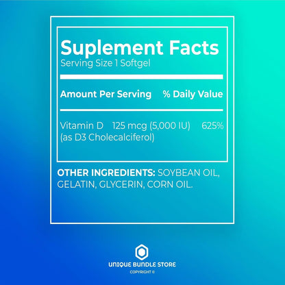 Extra Strength Vitamin D3 5000 IU (125 mcg) – 250 Softgels, High Potency Vitamin D Supplement for Bone and Immune Support (Pack of 3)