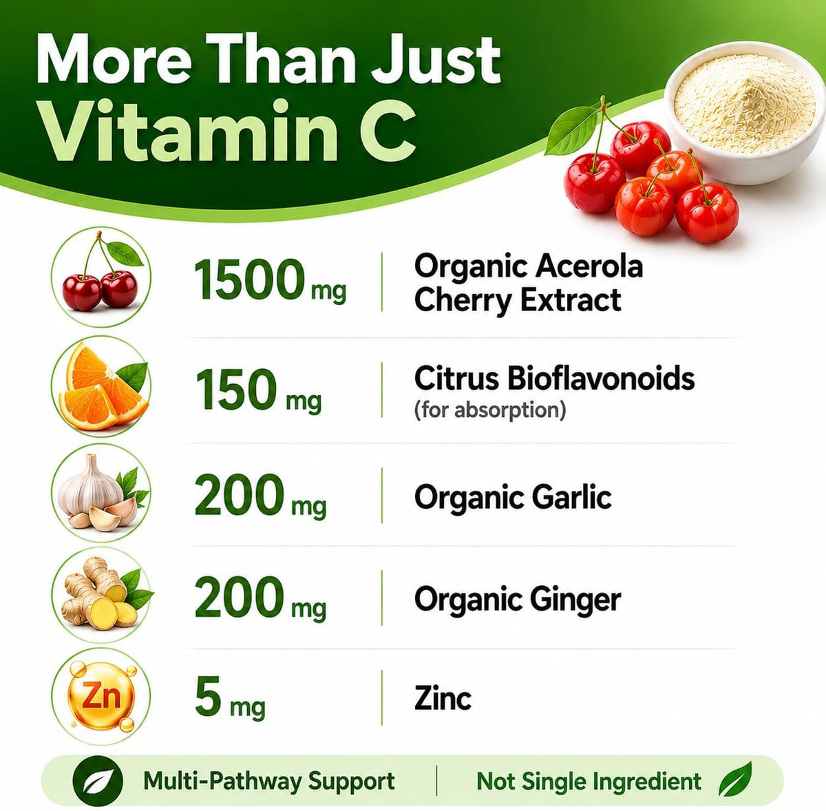 Natural Vitamin C from Organic Acerola Cherry - Enhanced Absorption - with Garlic Ginger & Citrus Bioflavonoids - Immune System & Collagen Booster - Anti-Ageing Skin Vitamins - görsel 5