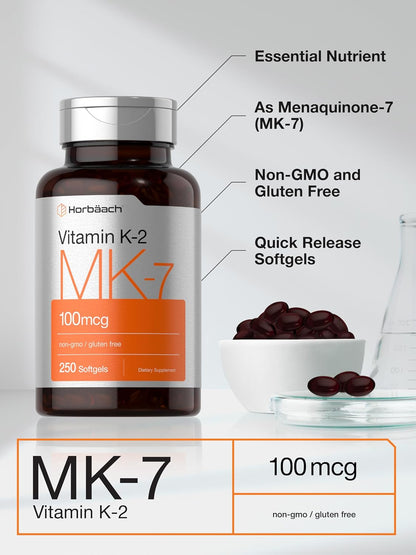 Horbäach Vitamin K2 MK7 100mcg | 250 Softgels | Non-GMO, Gluten-free Supplement
