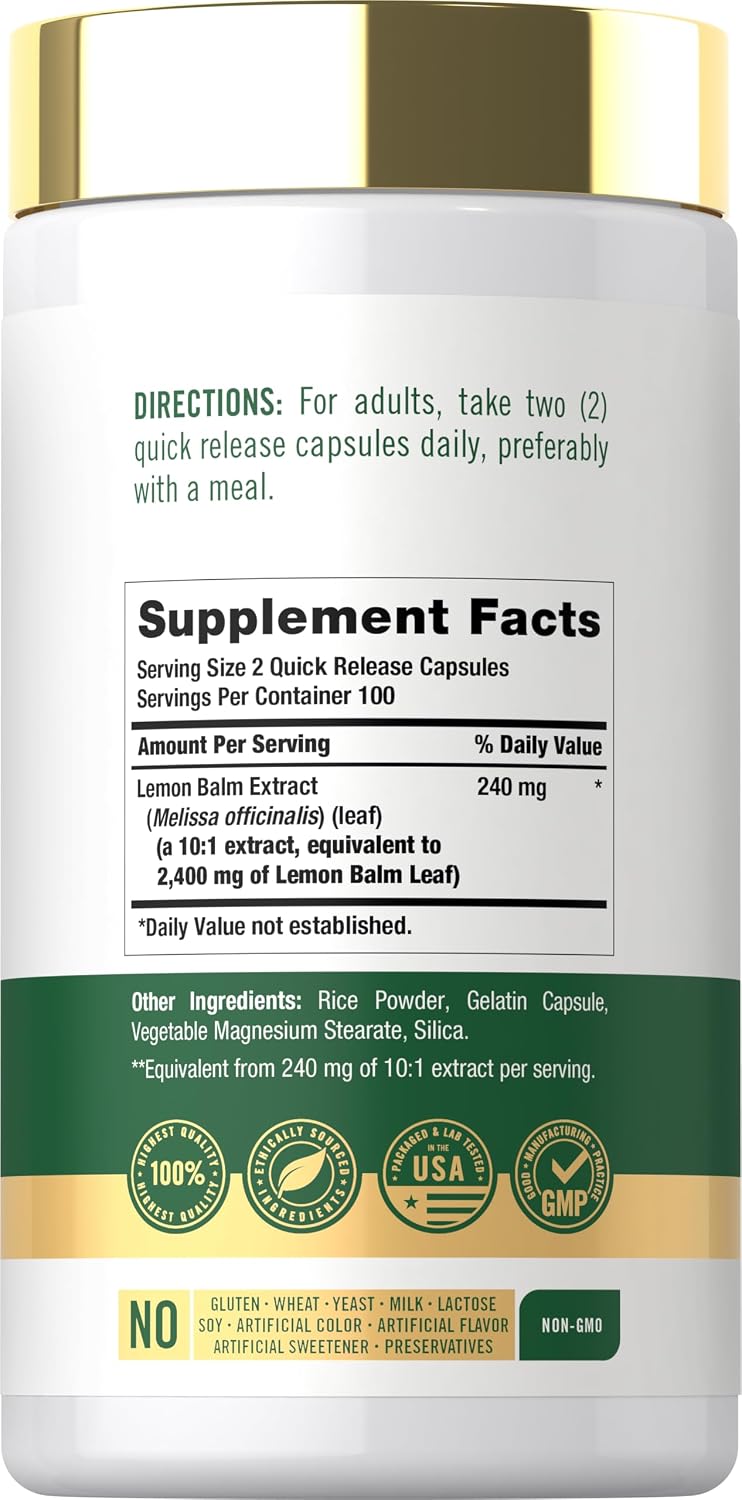 Carlyle Lemon Balm Capsules - 200 Count - Melissa Leaf Traditional Herbal Supplement - Super-Concentrated Extract - Non-GMO and Gluten-free - görsel 2