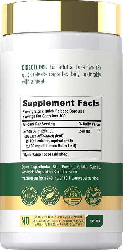 Carlyle Lemon Balm Capsules - 200 Count - Melissa Leaf Traditional Herbal Supplement - Super-Concentrated Extract - Non-GMO and Gluten-free