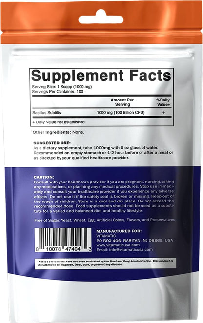 Vitamatic Bacillus Subtilis Pure Powder Probiotic Powder - Gut Health - 100 Gramme - 100 Servings
