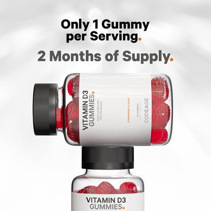 Codeage Vitamin D3 Gummies, 5000 IU Cholecalciferol, Pectin-Based, Strawberry Flavour, 60 Gummies