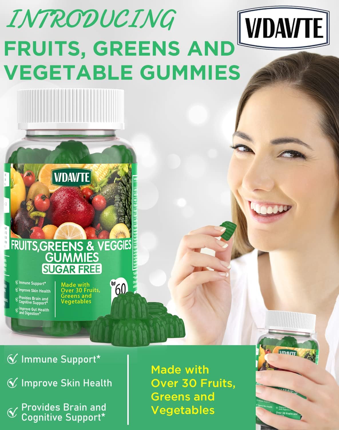 VIDAVITE Sugar-free Super Greens Gummies — Made in USA, 35+ Fruit and Veggie Gummies to Support Immunity, Skin & Gut Health — Ideal Fruits and Vegetables Supplement for Adults & Picky Teens (30-Day Supply) - görsel 8