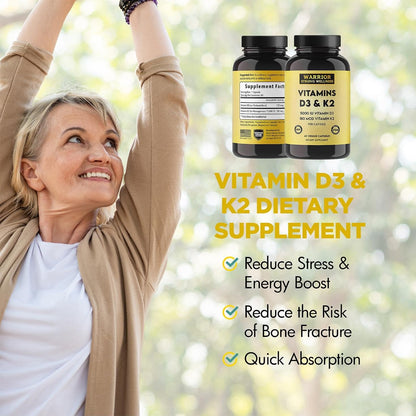 Warrior Strong Wellness Vitamin D3 with K2 - 5000 IU D3 & 180 mcg K2 (MK-7) - Bone Health & Immune Support - 60 Vegetable Capsules
