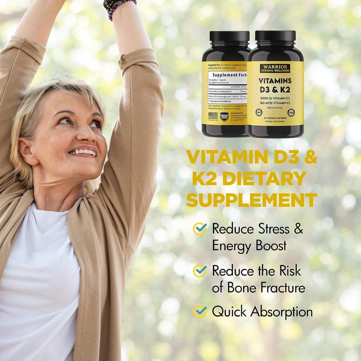 Vitamin D3 and K2 Supplement - 5000 IU Vitamin D3 and 180 mcg Vitamin K2 Supplement - Immune and Heart Health - 2 Month Supply, 60 Vegetable Capsules - görsel 5