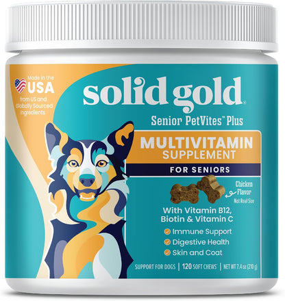 Solid Gold Dog Multivitamin - Soft Chews - All-in-One Support with Vitamin C, B12, Probiotics & Antioxidants - Bacon Flavour (120 Count)