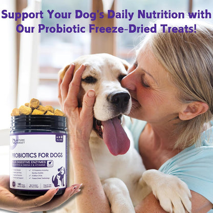 NATURE TARGET Probiotics for Dogs, 6 Billion CFUs, Freeze-Dried Dog Probiotics with Prebiotics & Enzymes for Digestive Health, Omega 3 for Skin & Immune Support, 180 Chews
