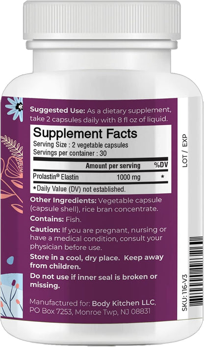 Body Kitchen Pro Elastin Peptides 1000mg – Marine-derived from France – Skin Firmness & Elasticity – 60 Capsules (Pack of 3)
