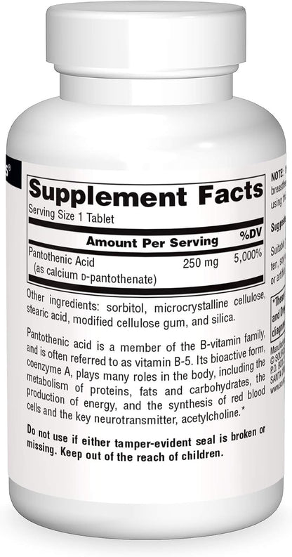 Source Naturals Pantothenic Acid 250 mg - Vitamin B5 Supplement, 100 Tablets