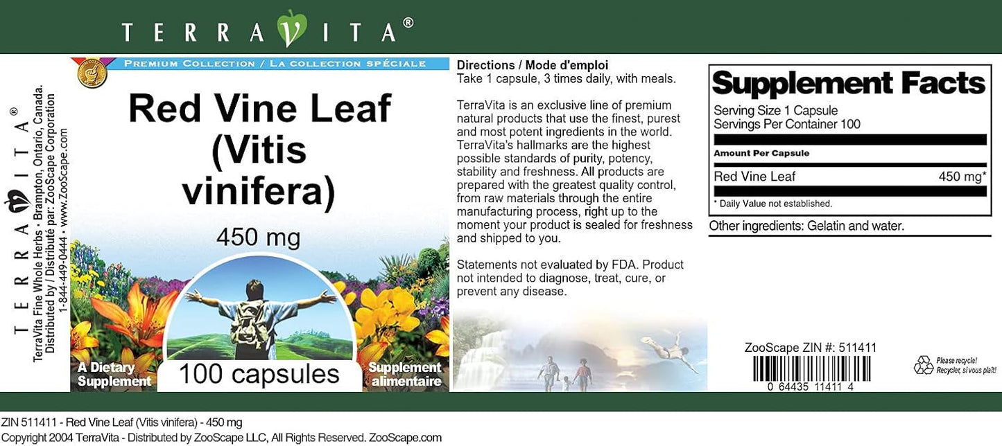 Terravita Red Vine Leaf (Vitis vinifera) - 450 mg (100 Capsules, ZIN: 511411) - 3 Pack - görsel 4