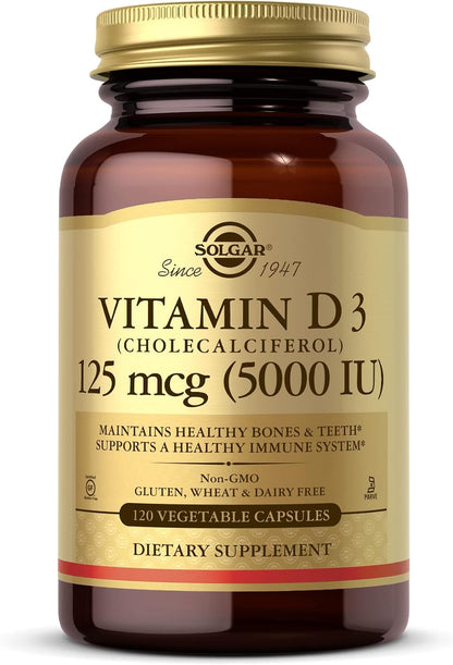 Solgar Vitamin D3 (Cholecalciferol) 125 mcg (5000 IU), 100 Softgels – Bone and Immune Support