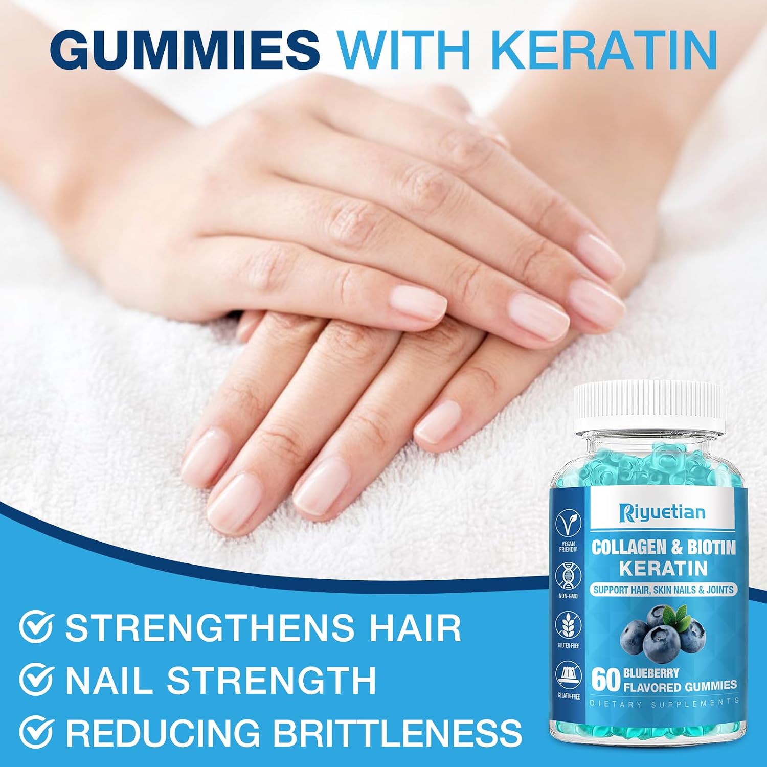 Riyuetian Biotin Gummies 15000mcg with Collagen - Hair, Skin & Nails Support - Vegan, Non-GMO - 60 Gummies - görsel 7