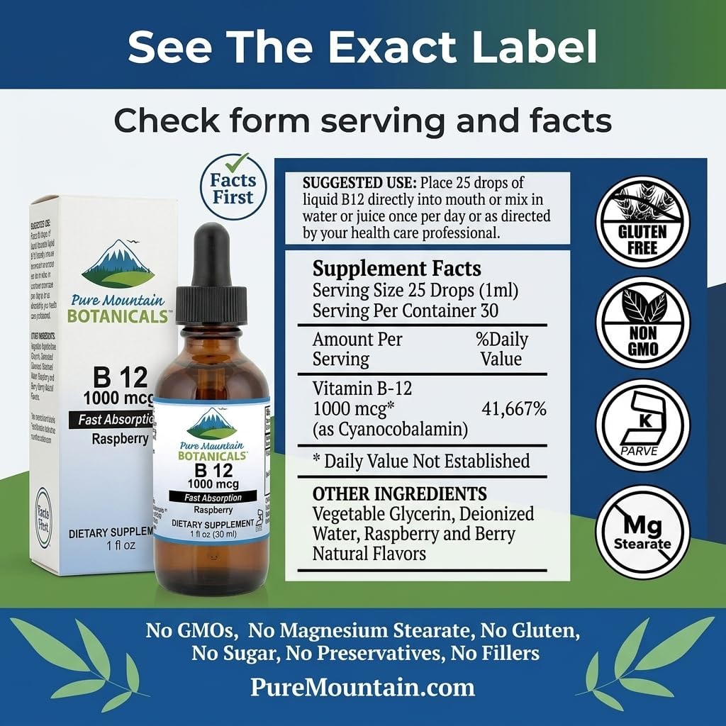 Pure Mountain Botanicals B12 1000 mcg - B12 Complex - Natural Berry Flavour - 30 Servings - Liquid Drops Vitamin - Kosher Supplement - görsel 8