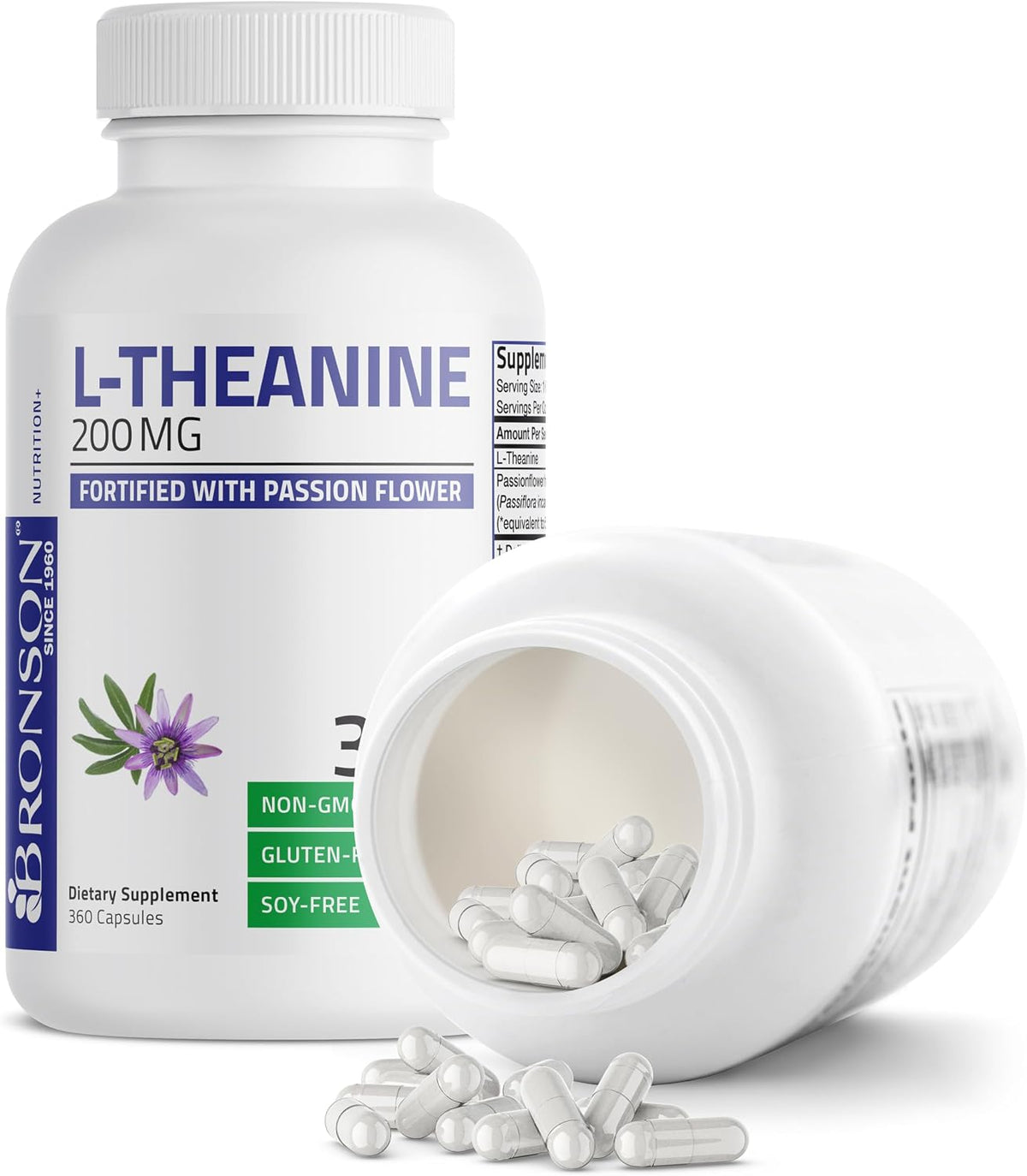 Bronson L-Theanine 200mg (Double Strength) with Passion Flower Herb, Non-GM Gluten-Free Soya-Free Stress Management Supplement, 360 Capsules - görsel 4